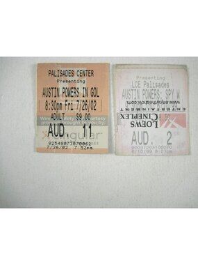 Set of 2 Austin Powers Movie Theater Ticket Stubs Gold 0726 2002 Spy 0610 2099
